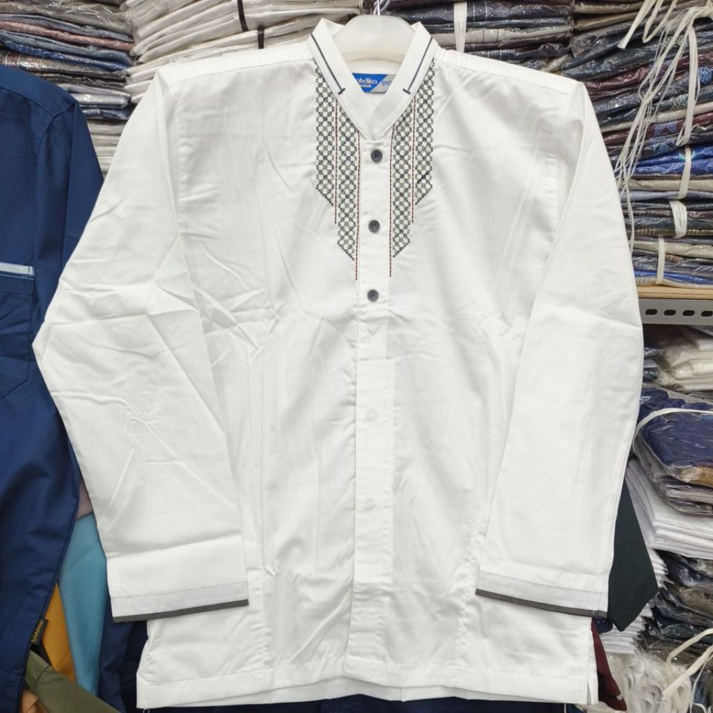 Baju Koko Syahdika Junior / Anak Tanggung Putih BW Aplikasi Lengan Panjang Atasan Anak Tanggung / Sy