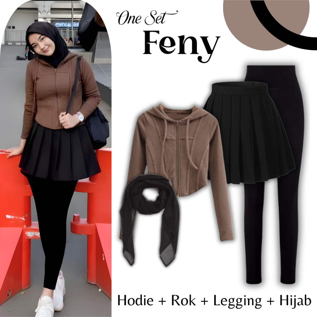 Feny One Set BW84 | OOTD Set Hodie + Rok + Legging +  Hijab | Outfit Sporty Panjang | Setelan Wanita