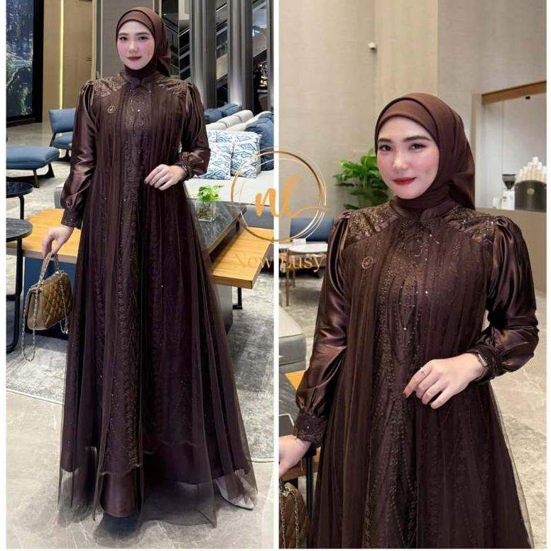 Leya Gamis Brokat Tille Pesta Kondangan Wanita Remaja Bahan Velvet // Gamis Muslim Lebaran 2026 Mode