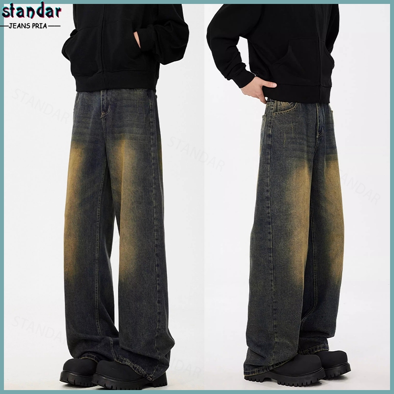 Celana Jeans Pria Retro Celana Panjang Pria Lurus Longgar