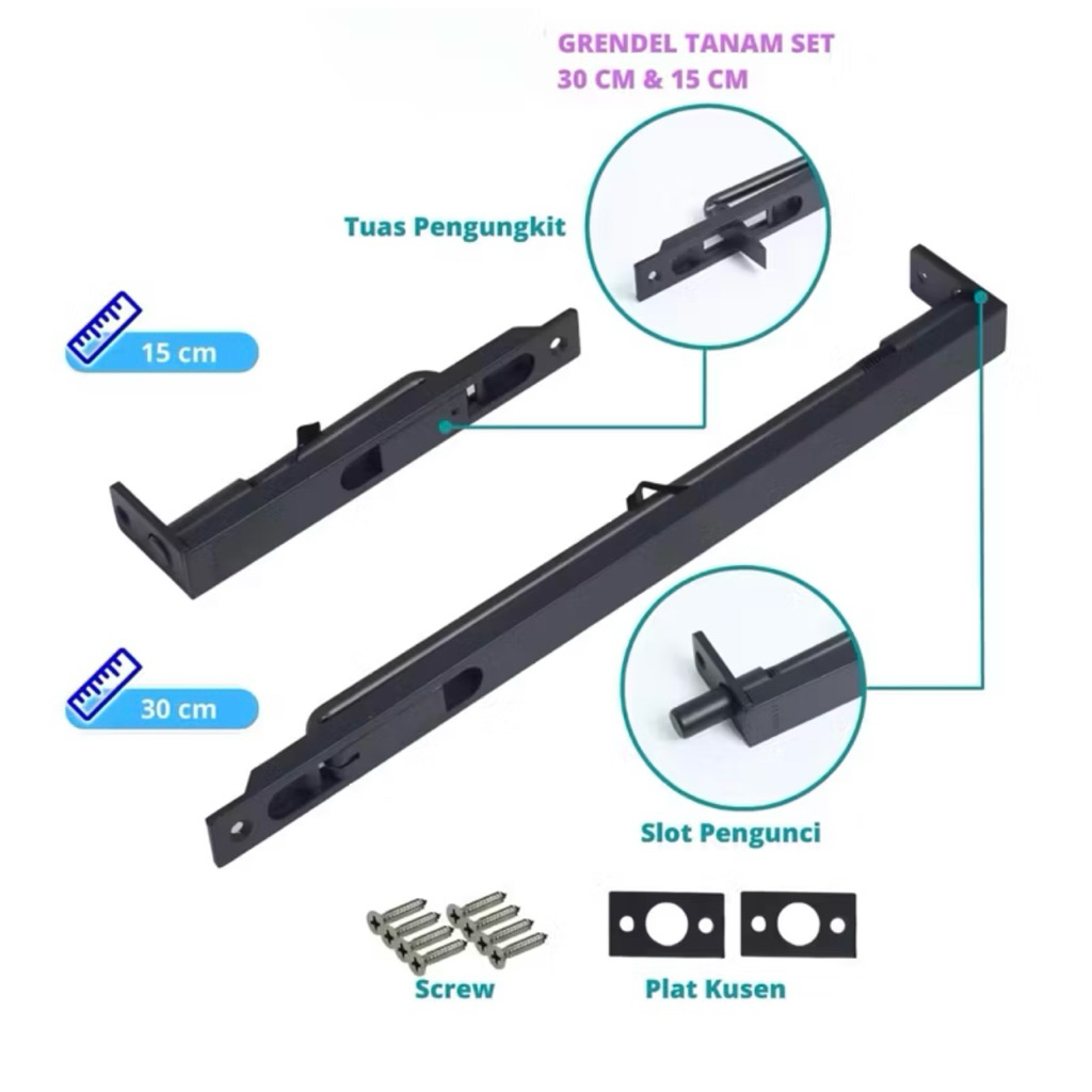 Grendel Tanam Hitam Slot Pintu Tanam Panjang 30 cm Satu set Stainlees Tebal