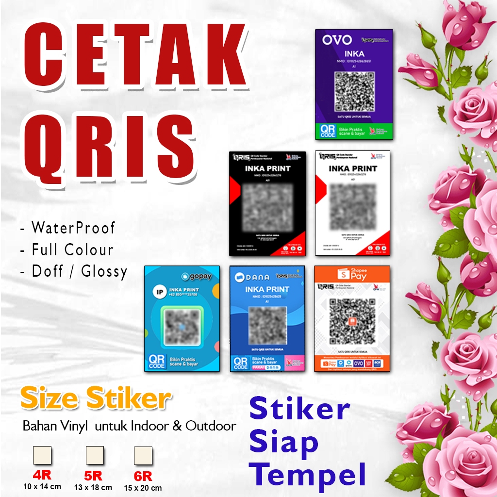 Cetak Stiker QRIS  Size A5 - A6  All Payment  Bahan Kromo & Vinyl  Sudah terlaminasi