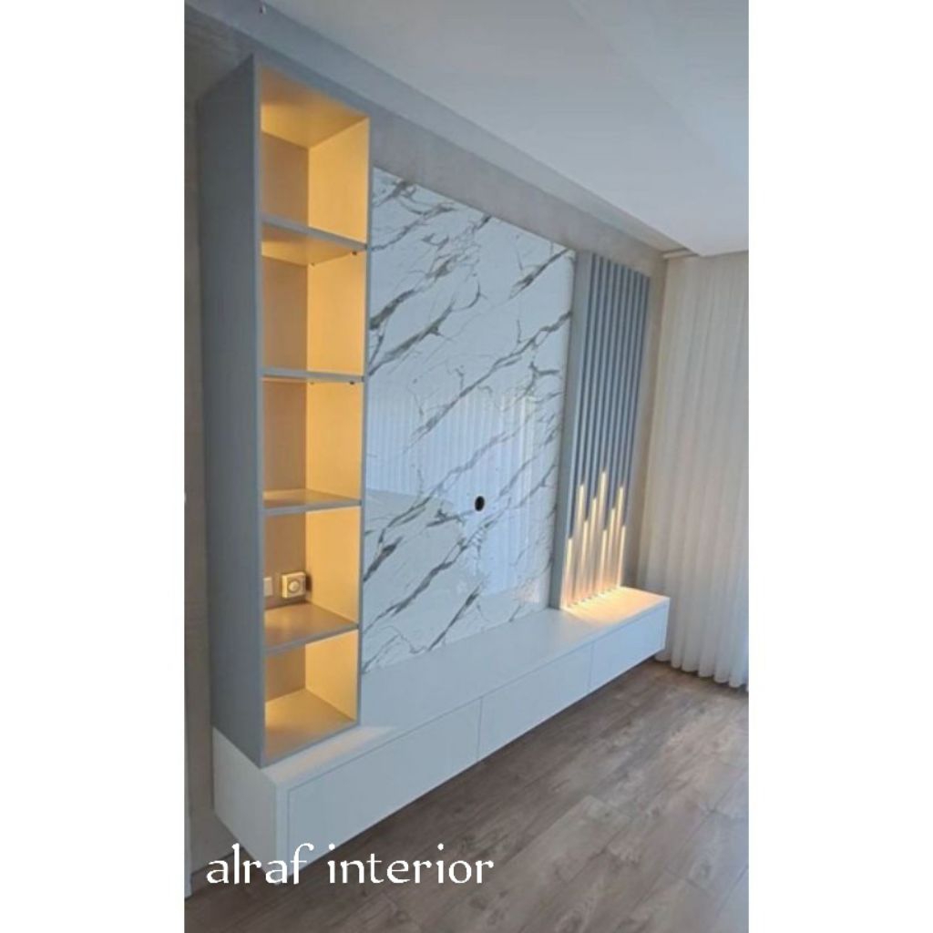 rak samping tv , rak backdrop tv, rak minimalis