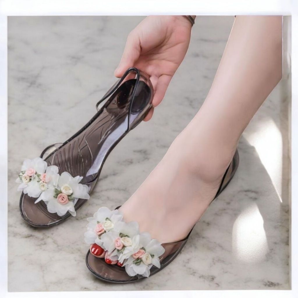 sepatu Jelly Wanita Flat Shoes Bunga Kaca Terbaru LENTUR dan Elegan