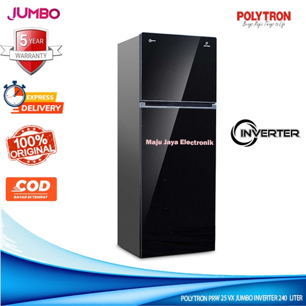 POLYTRON Kulkas 2 Pintu 240 Liter PRW 25 VX Jumbo Pintu Kaca INVERTER
