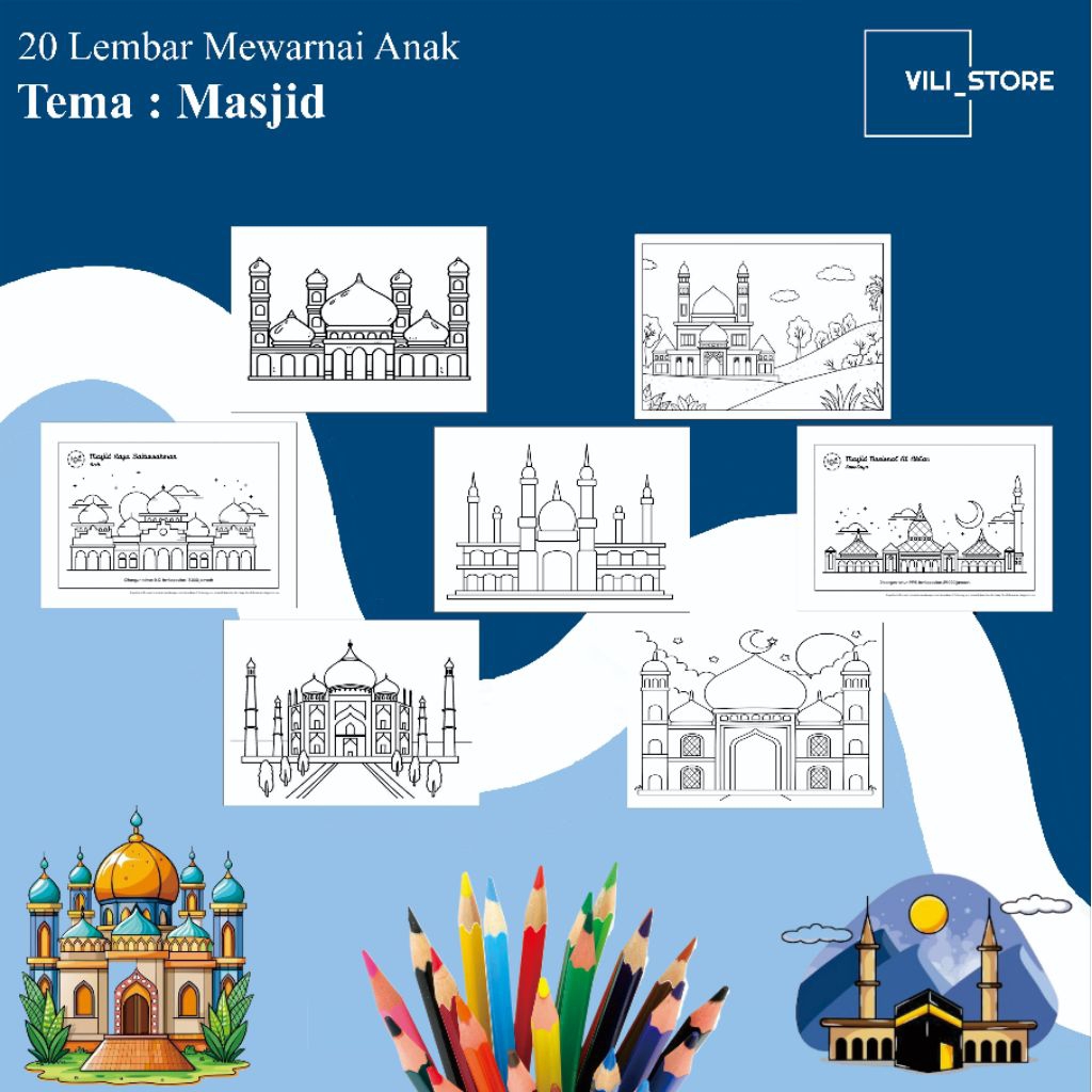 20 lembar kertas mewarnai tema Masjid untuk anak paud TK dan SD
