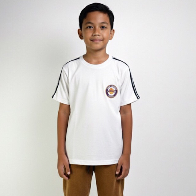 Kaos Anak Laki Laki 6-12 Tahun Putih Strip Tiga Lengan Pendek Baju Casual Unisex
