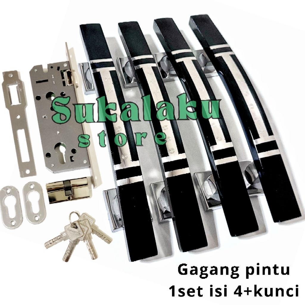 (4biji) handel pintu model sabit warna hitam dan kunci set panjang 45cm