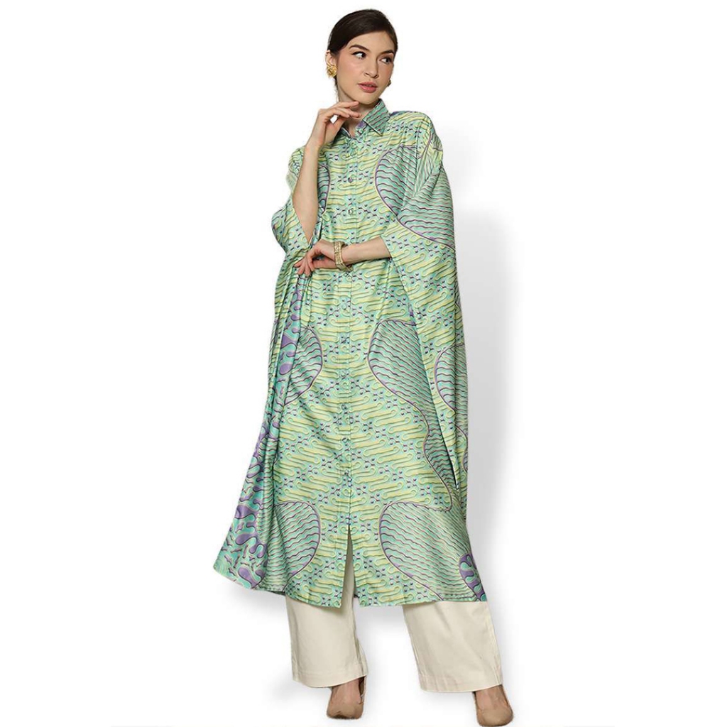Kanzi Collection Batik Collared Kaftan Green