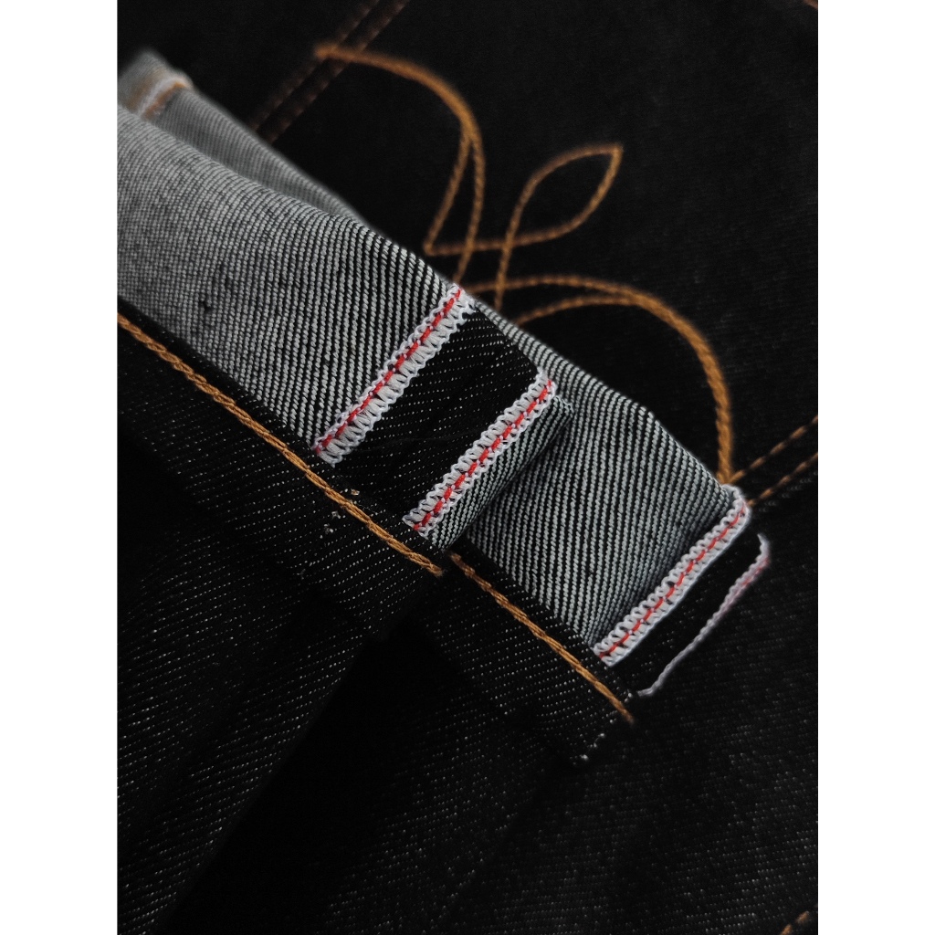 SELVEDGE    [BIG SIZE]   VILLAGE FLOWERS Deep gold x PRO indigo gold premium 14.oz  semi strect