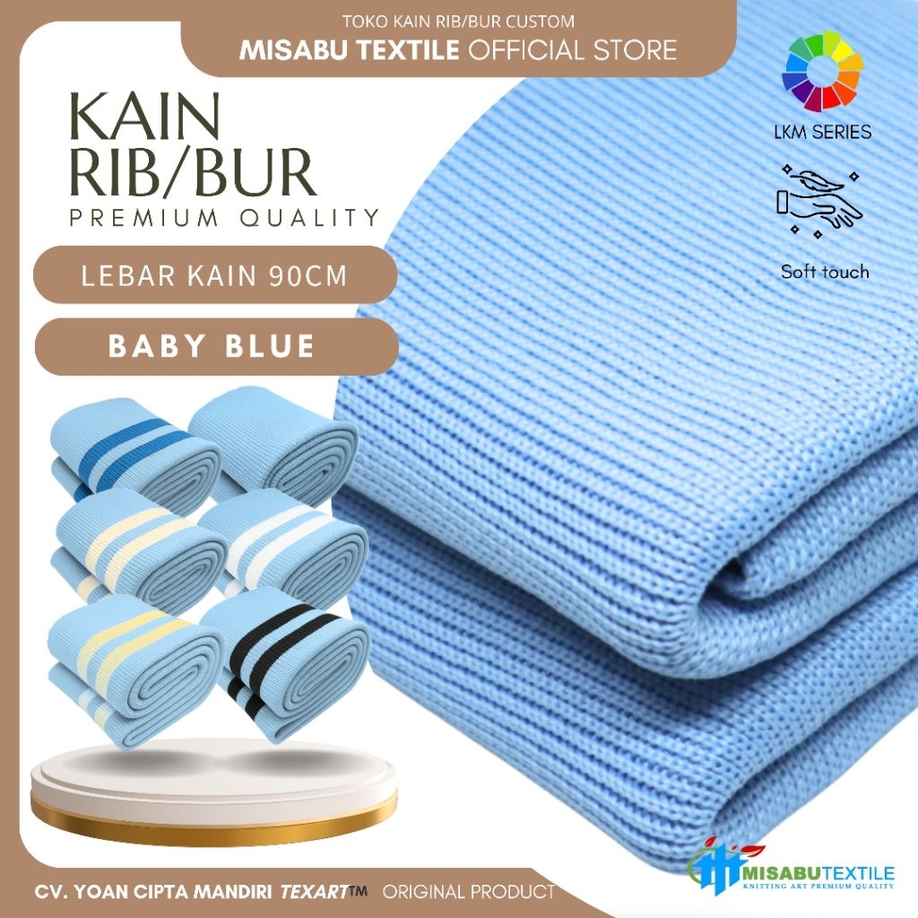 Kain rib bur jaket biru muda polyester rajut premium untuk kerah lengan dan pinggang jaket bisa cust