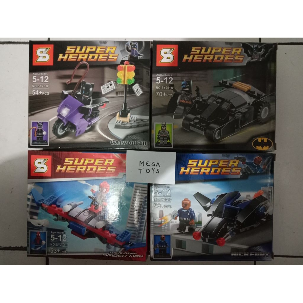 Lego kendaraan super heroes(brand sy) batman, cat woman, spiderman, shield 1 set 4 kotak