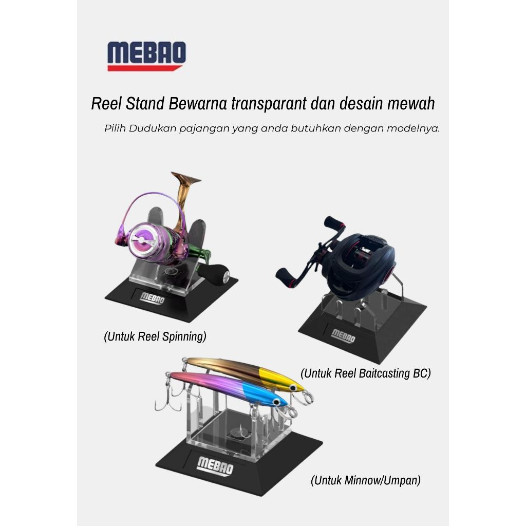 [ Original Mebao ] Reel Stand Display, Reel Stand Mebao untuk Reel Spinning dan Reel Baitcasting/BC/
