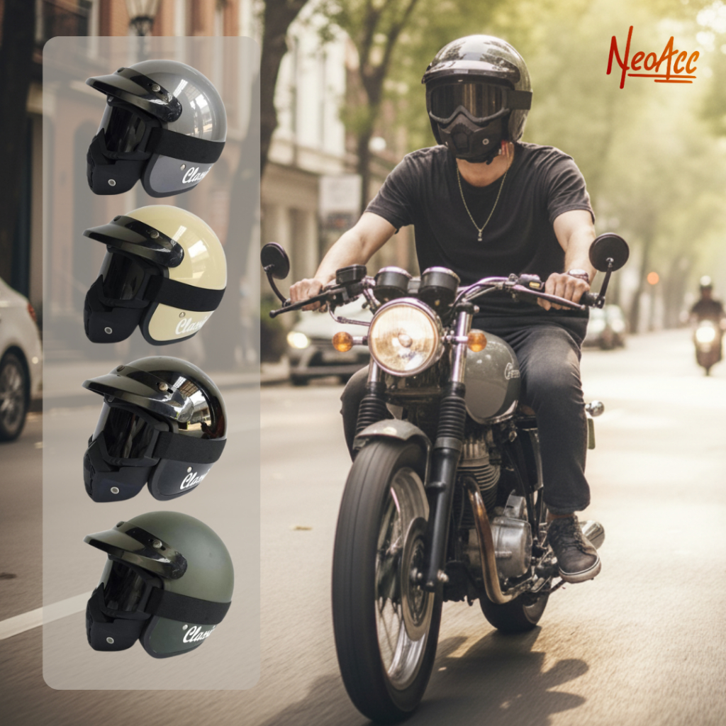 Helm Bogo Classic Pria Dewasa Full Face Kacamata Google Mask Pet Pendek Ori Aman SNI Motorcycle