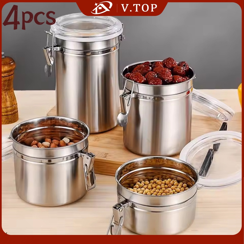 4pcs/set Toples(0.8L+1.1L+1.4L+1.8L) Kaleng tertutup kedap udara stainless steel, bubuk kopi, gula, 