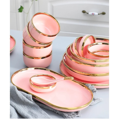 Piring Makan Keramik Pink Gold / Piring Pink Keramik List Gold / Mangkuk Keramik Pink Gold Elegan / 