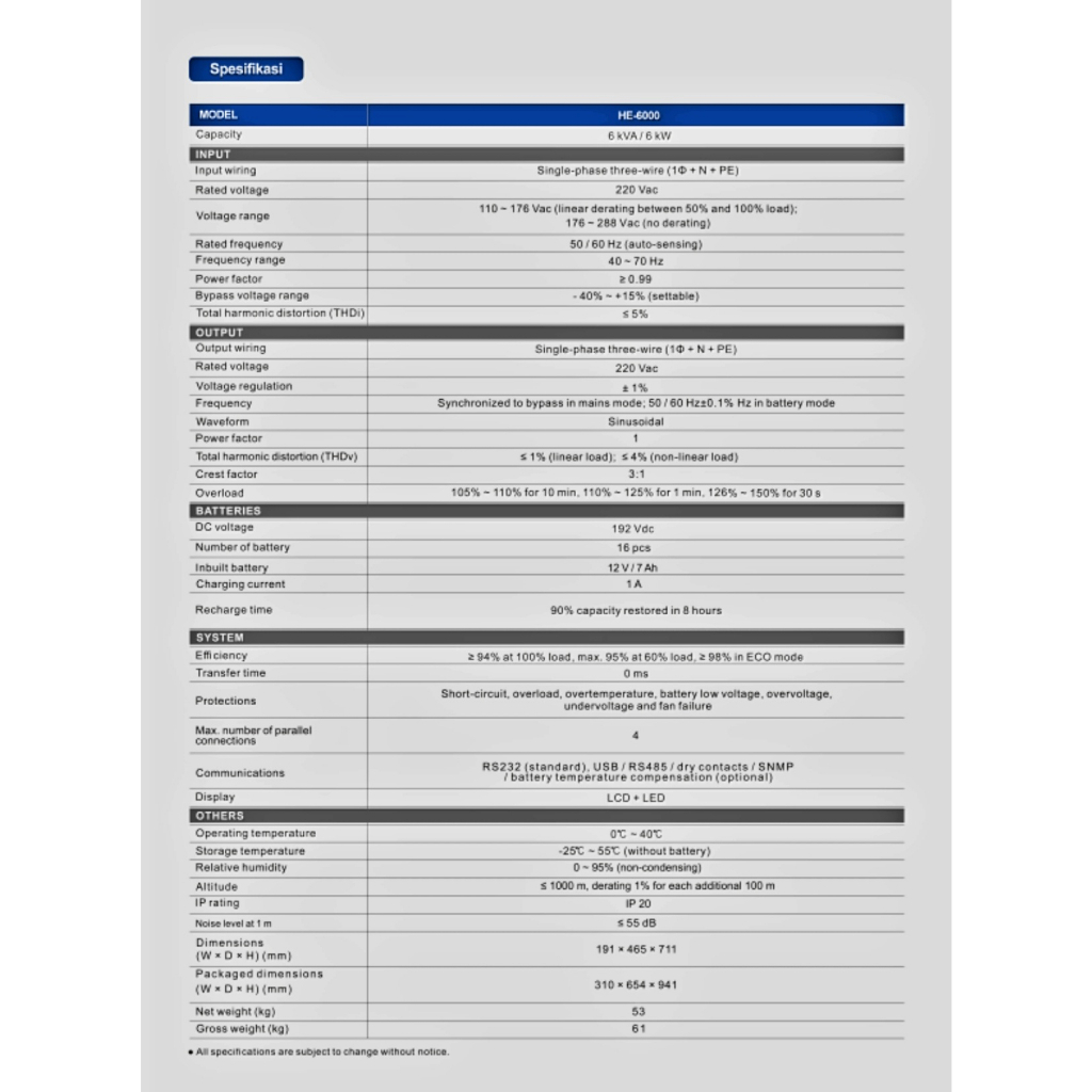UPS Kenika HE 6000 6 KVA 6000 W True Online Sinewave UPS