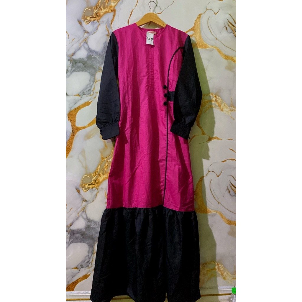 Gamis Katun Toyobo Warna Fushia Mix Hitam Busui