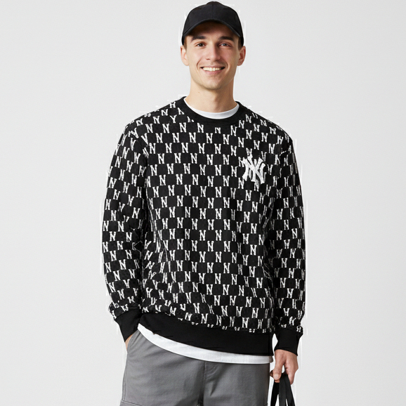 MLB Sweater Crewneck Yankees Full Print Full Tag & Label Hitam Putih