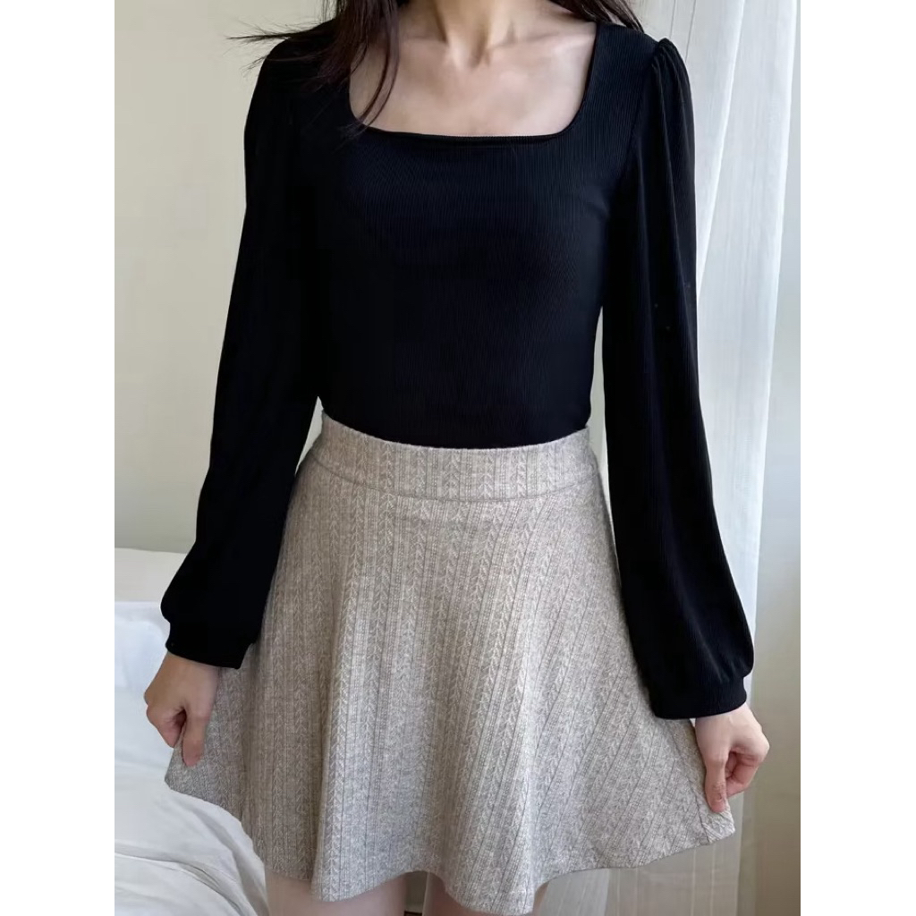 99kOUTLET Square Neck T-Shirt Plain Long Slevee BLACK Size L 3342