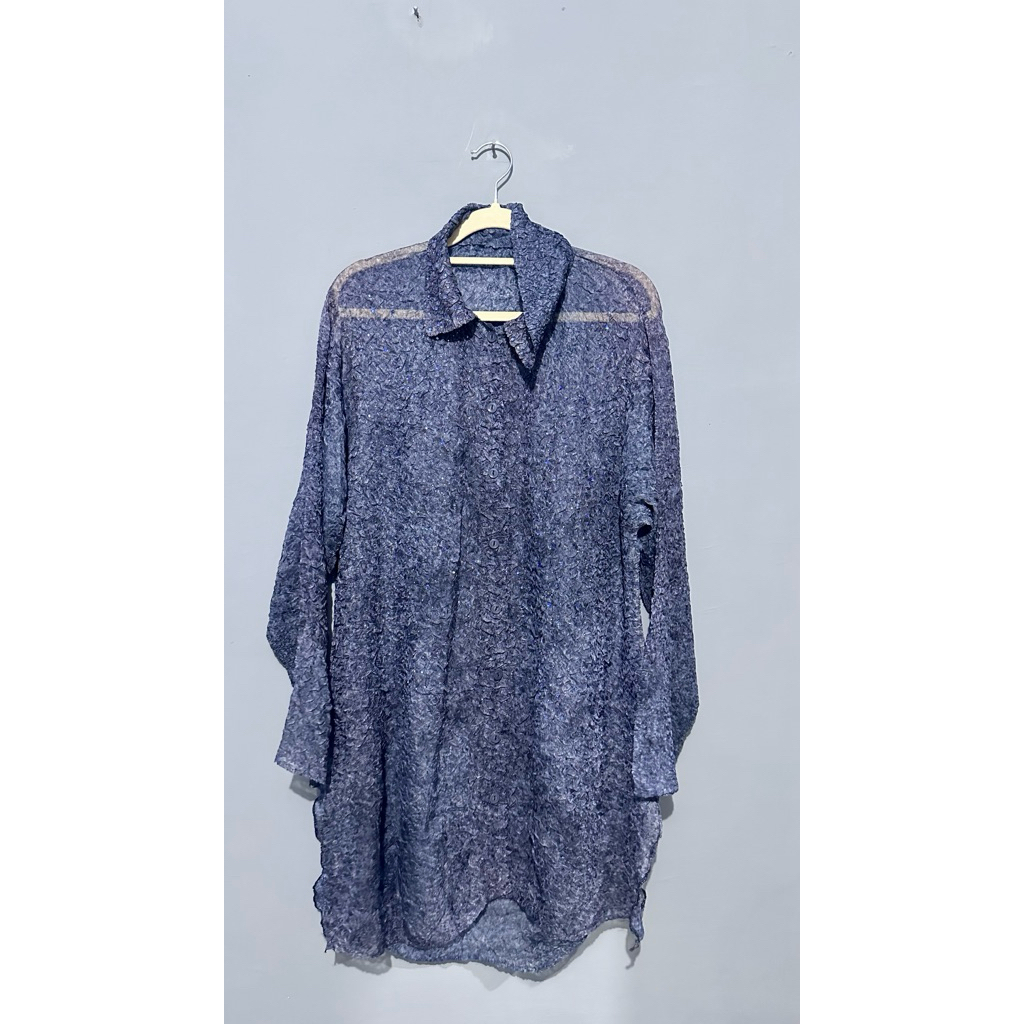 Kemeja Crinkle Glitter Biru Navy Wanita | Outer Sheer Vintage Thrift Korea