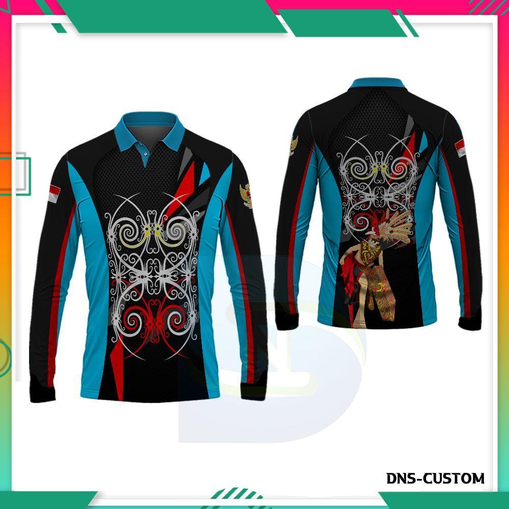 Baju Kaos Polo Batik Dayak Lengan Panjang Pendek Custom Jersey Dayak Fullprint