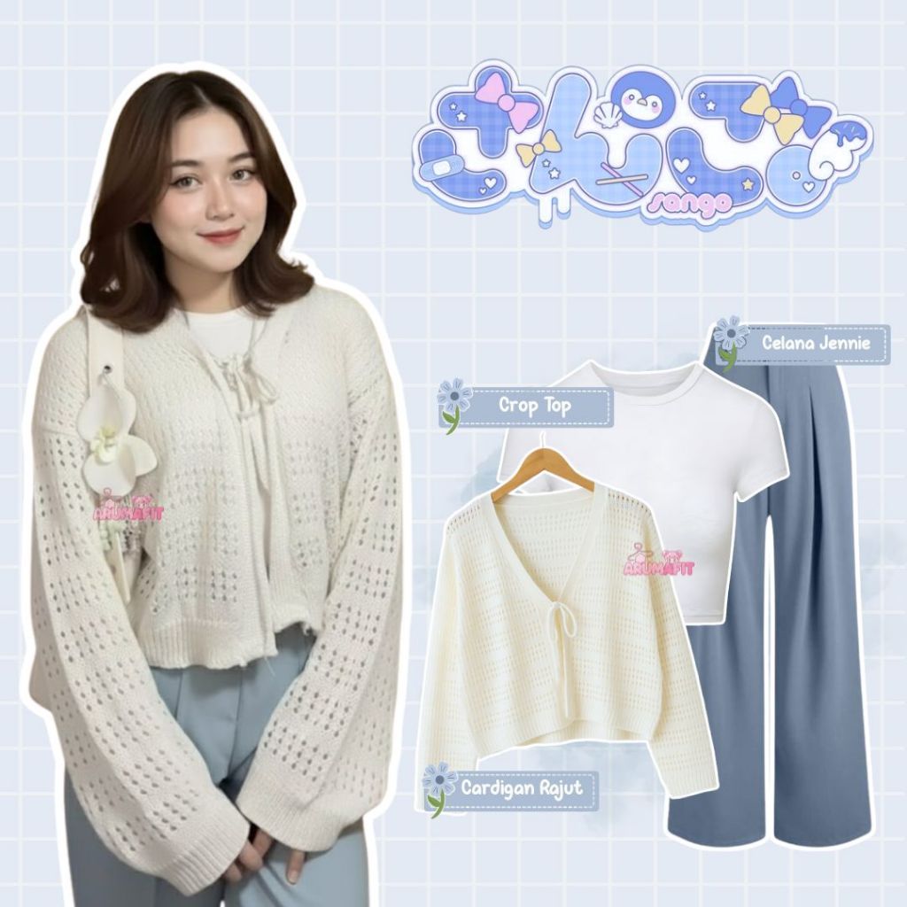 One Set Wanita 3in1 (Outer Adelin, Celana Jennie, Crop Top) Outfit Cewek Korean Style Terlaris -AF28