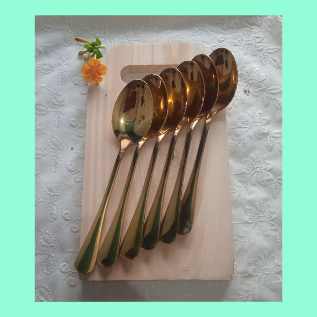 Sendok Garpu Makan Stainless Warna Kuning EmasTebal 6 Pcs