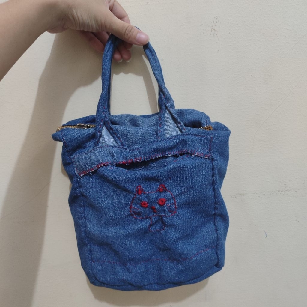Tas full handmade jeans motif kucing cat
