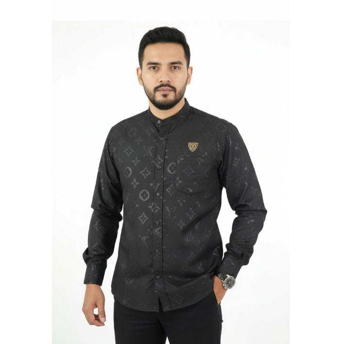 KEMKO Kemeja Koko Motif Lv Kemeja Lengan Panjang Pria Mode Slimfit Matt Cotton Embos