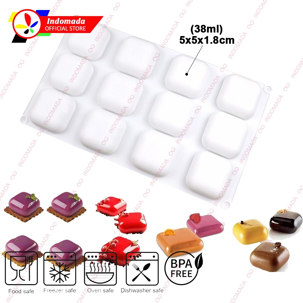 Indomada Cetakan Silikon Kotak 12 Kubus Kotak 5 x 5 x 1.8 cm Mousse Puding Coklat Kue Kering Es Batu
