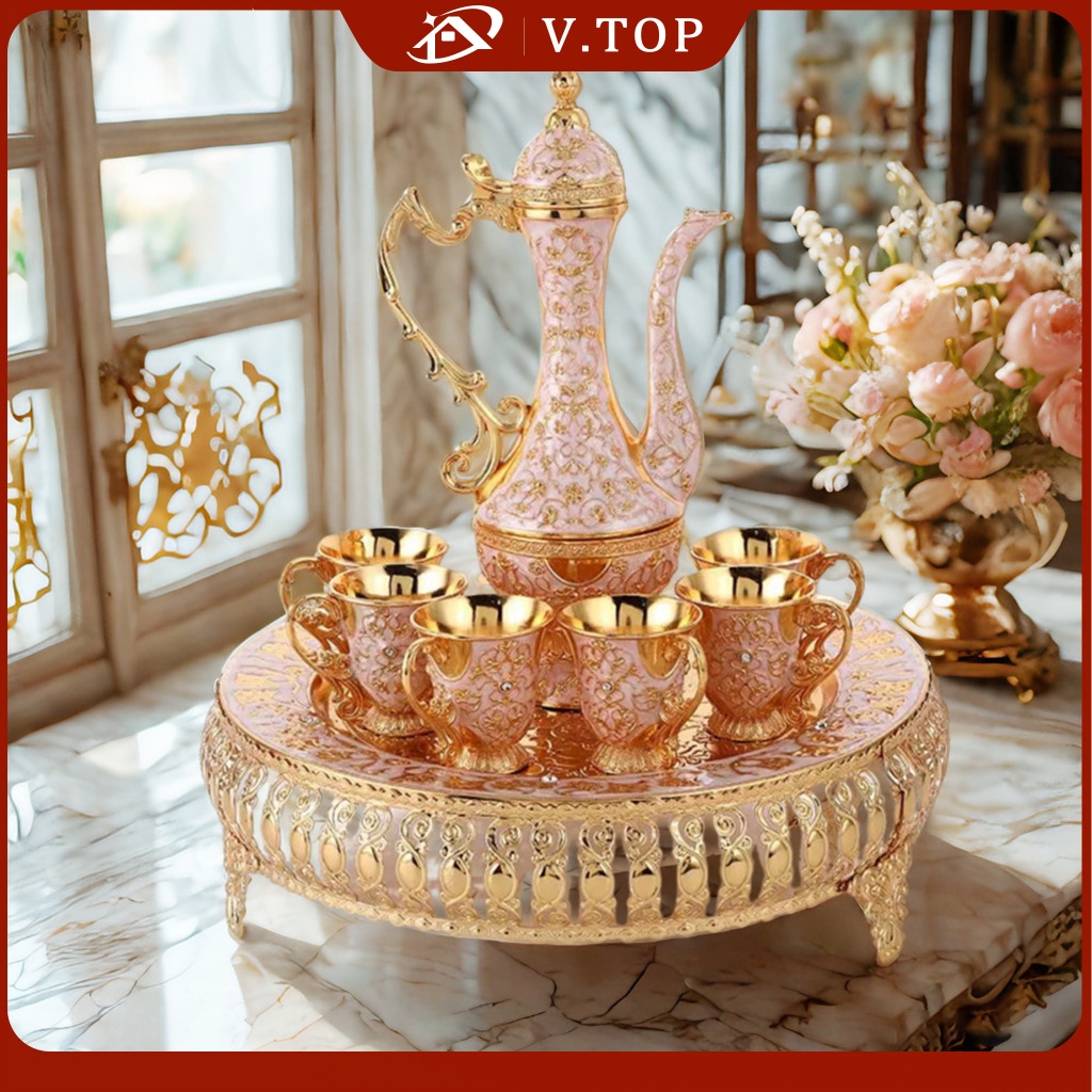 Teko Aladin Cangkir Set Nampan Gold Mewah Hiasan Pajangan Rumah