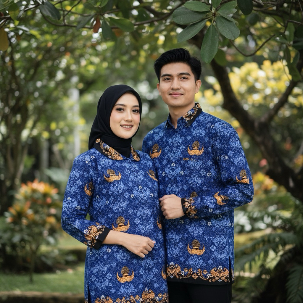 Seragam KORPRI Wanita Pria Batik Biru Muda Lengan Panjang PDN PNS