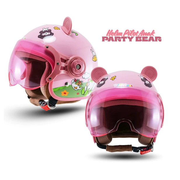 Helm Anak Lunar Kids Terbaru Karakter Kartun Motif Lucu Kaca Pilot Pakai Kuping Panda SNI