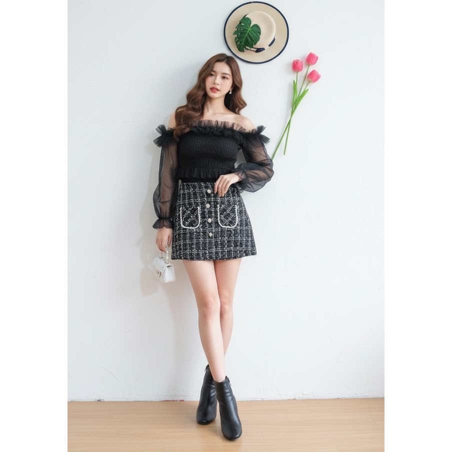 BLACK RUFFLE MESH LONG SLEEVE CROP TOP & TWEED BLACK MINI SKIRT ONE SET [vyloved preloved]