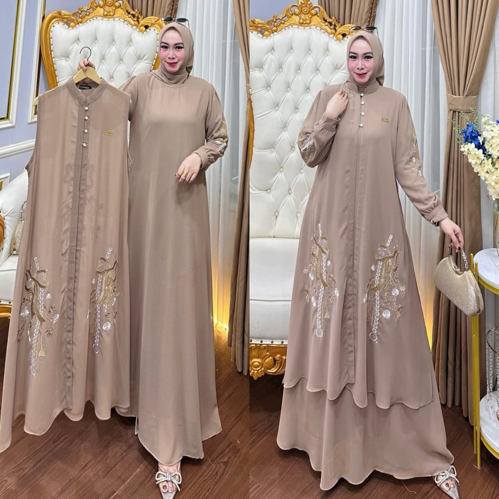 Gamis Set  Hijab Outer dan Inner Gamis 2in1 Pesta kombinasi ceruti baby doll motif bordir
