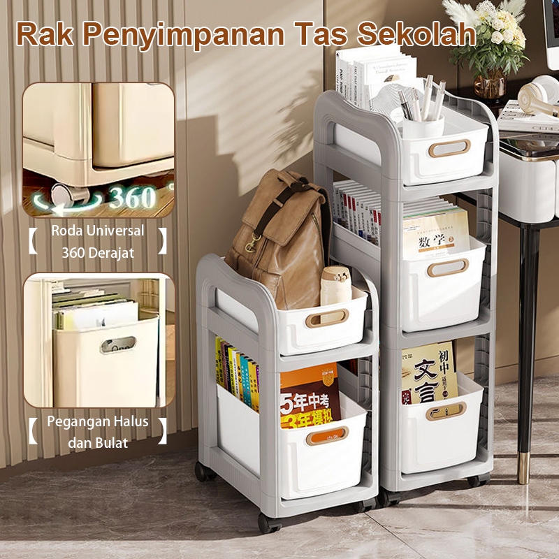 Rak Penyimpanan Tas Sekolah Multilapis dengan Roda Gerak Bebas - Pegangan Halus Bulat, Kapasitas Bes