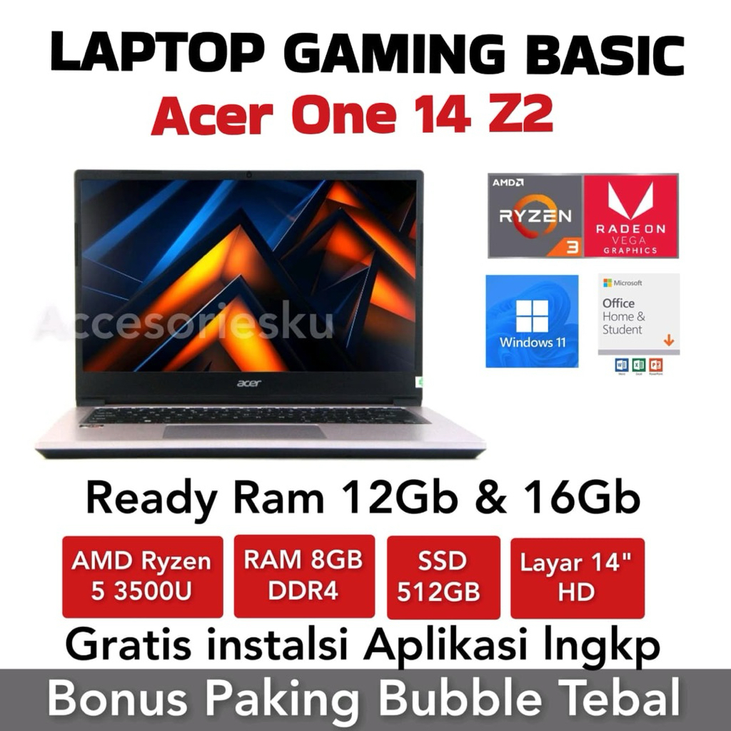 Laptop Gaming dan Editing Acer One Z2 Ryzen 3-3500U Ram 8Gb 512Gb 14”HD Windows