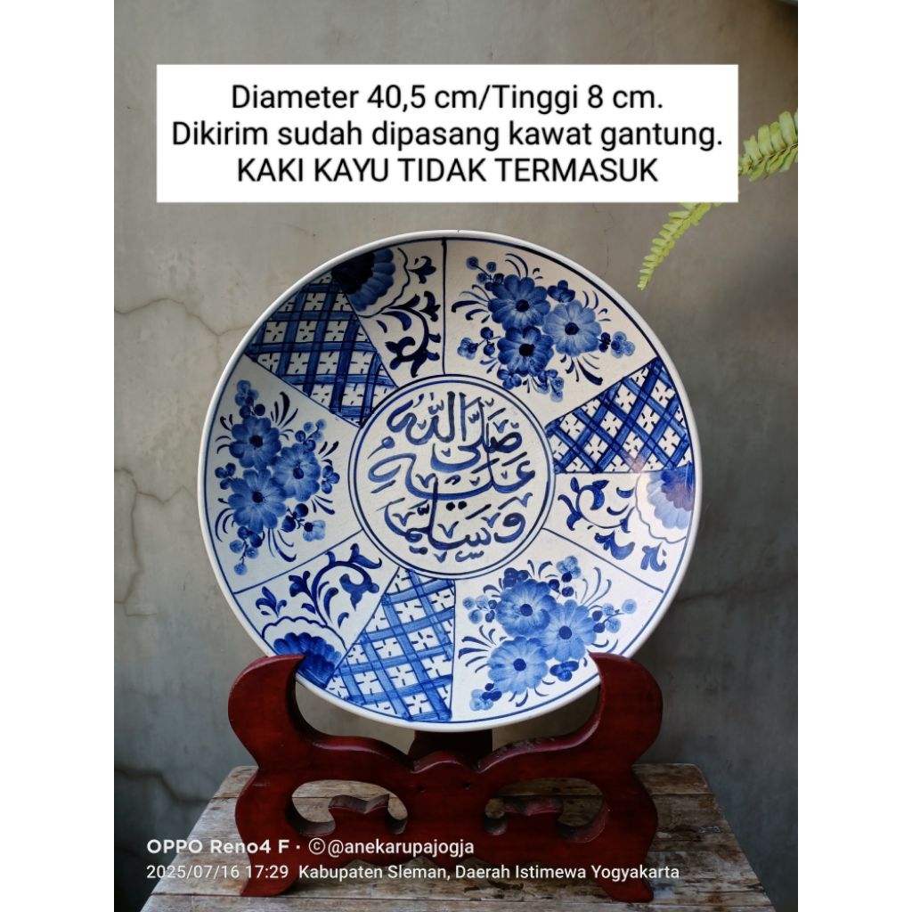 Diameter 40 cm an piring gantung keramik lukis kaligrafi biru putih untuk dekorasi hiasan dinding