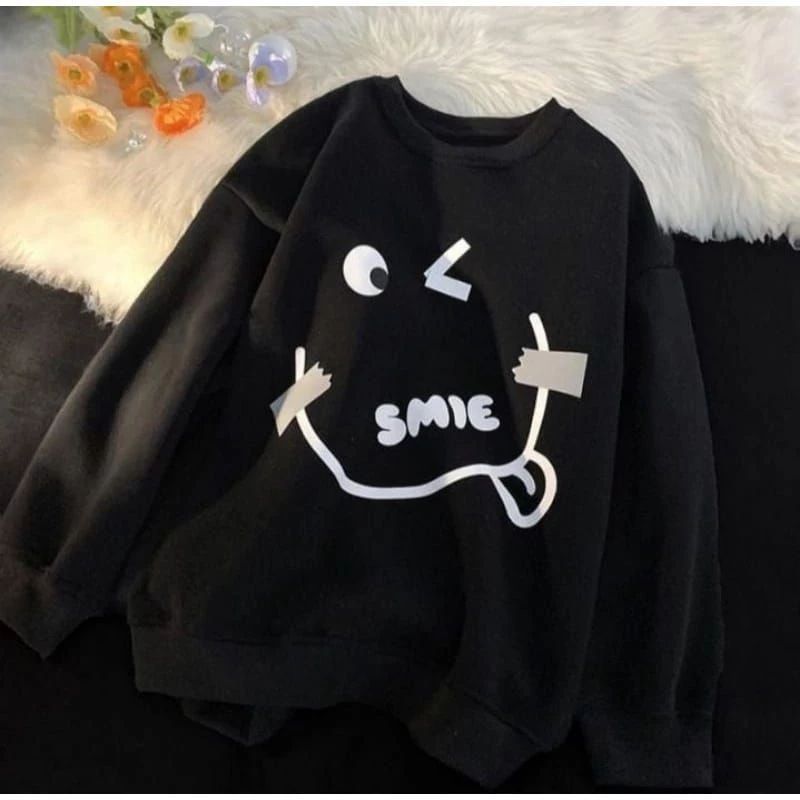 Korean Style Sweater Crewneck Unisex Gambar Kartun Smile Cute Hoodie Pria Wanita Bahan Vistaterry Di