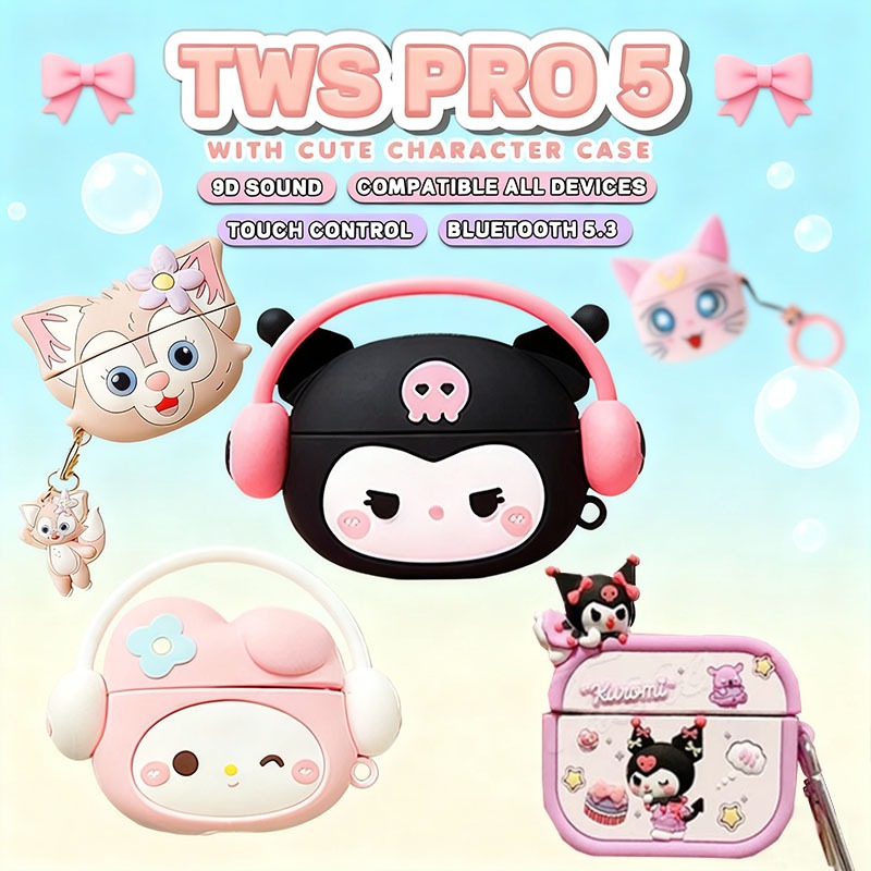 Headset Bluetooth TWS Pro5 + Case Kartun Airpods Wireless Headphones Stereo Pro3 Case