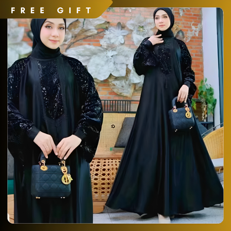 Abaya Saudi Koncer Fadiah Bahan Bamboo Silk Abaya Hitam Gamis Elegan Syari Mewah Warna Model Kaftan 