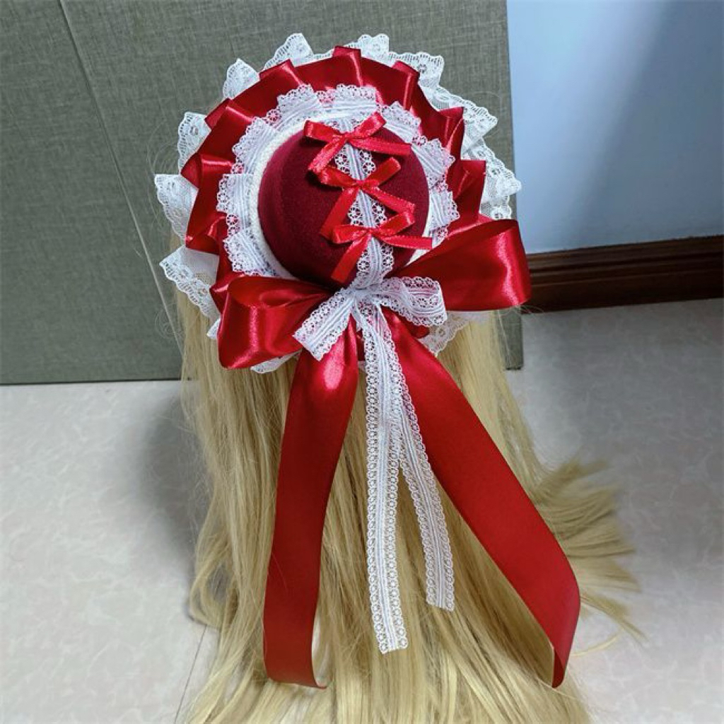 Lolita Lace Ribbon Hat Aksesoris Rambut Topi Lolita Coquette Merah