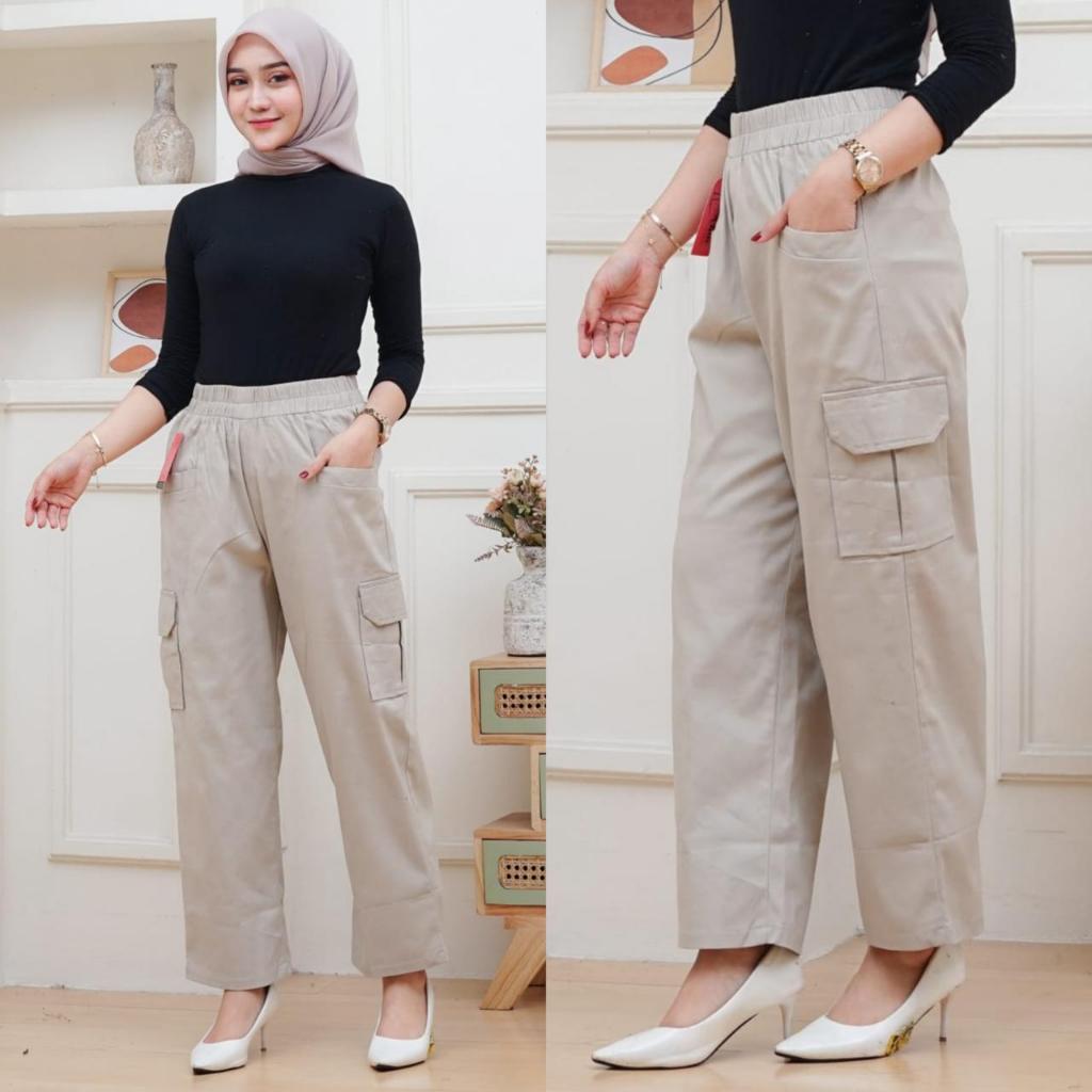 Celana Cargo Wanita Highwaist Bahan Katun Twill Premium - Celana Cargo Jumbo Katun Twill Stretch