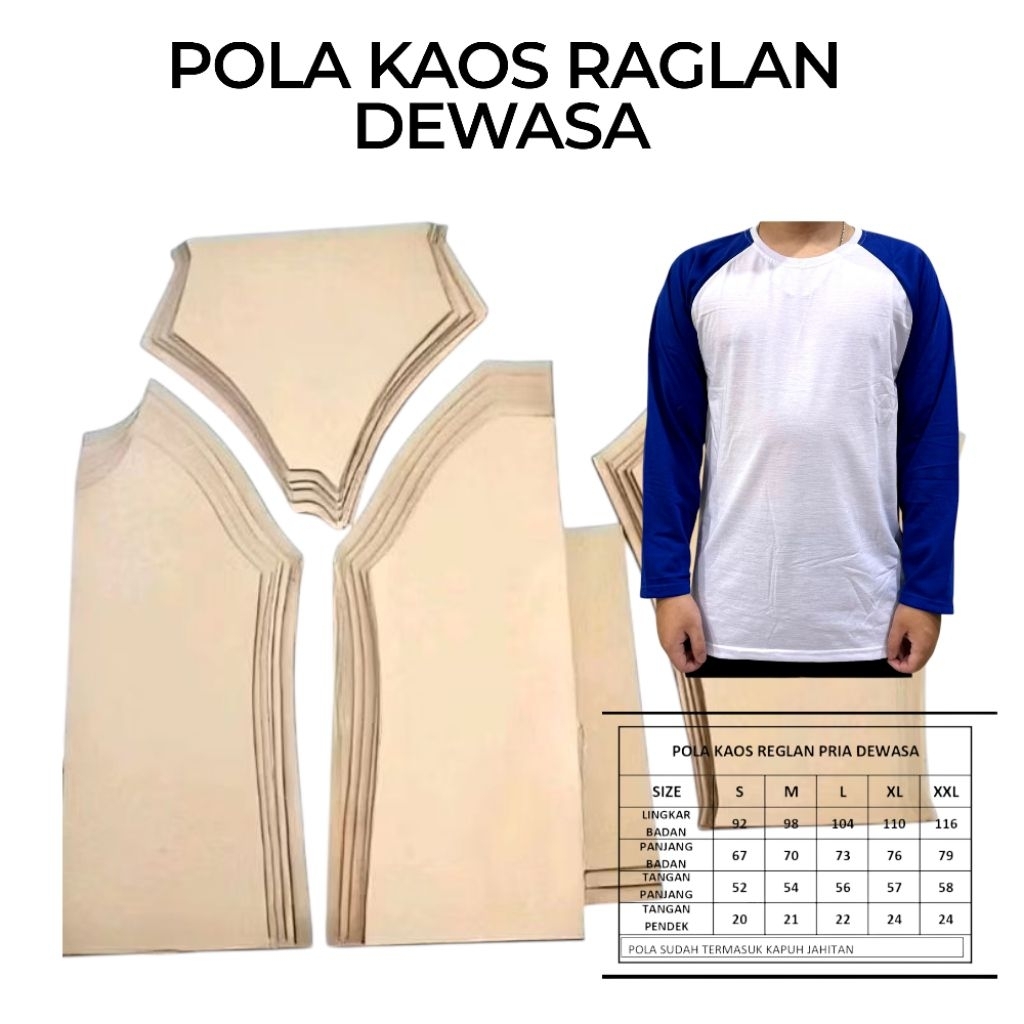 Pola Kaos Raglan Pria Dewasa Ukuran S-XXL