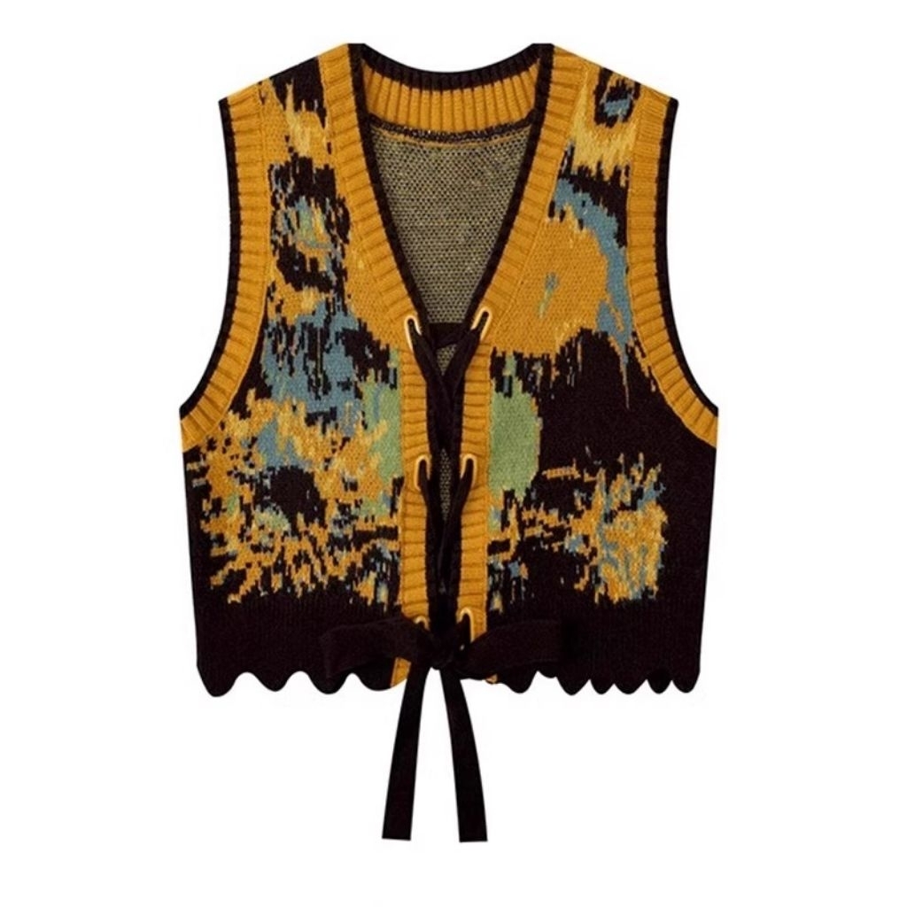 vest rajut knit wool motif bunga, rompi rajut bunga