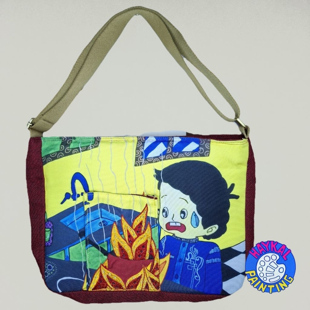 Tas Unisex Sling Bag Bordir Haykal Painting Warna Maroon Unik Ringan Tali Panjang Adjustable Ukuran 
