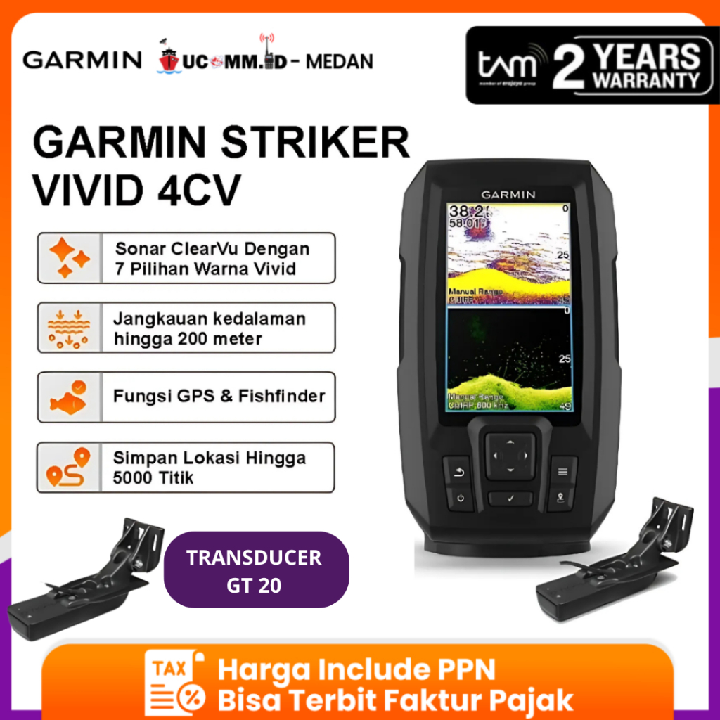 Garmin Striker Vivid 4CV 4 CV With Transducer GT20-TM Sonar Alat GPS Pelacak Ikan Fishfinder