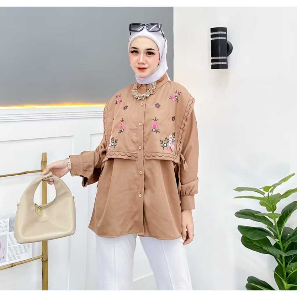 Kemeja Bordir Bunga Rompi Oversize Kemeja Wanita Korean Style Kekinian