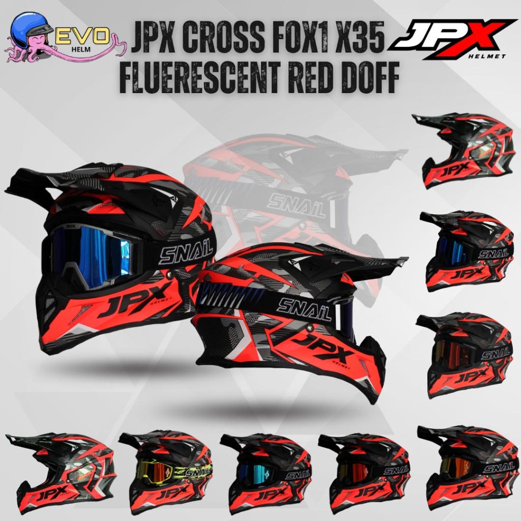 JPX CROSS FOX1 - X35 FLUO RED DOFF PAKET GANTENG GOOGLE SNAIL ORIGINAL HELM MOTOCROSS / TRABAS